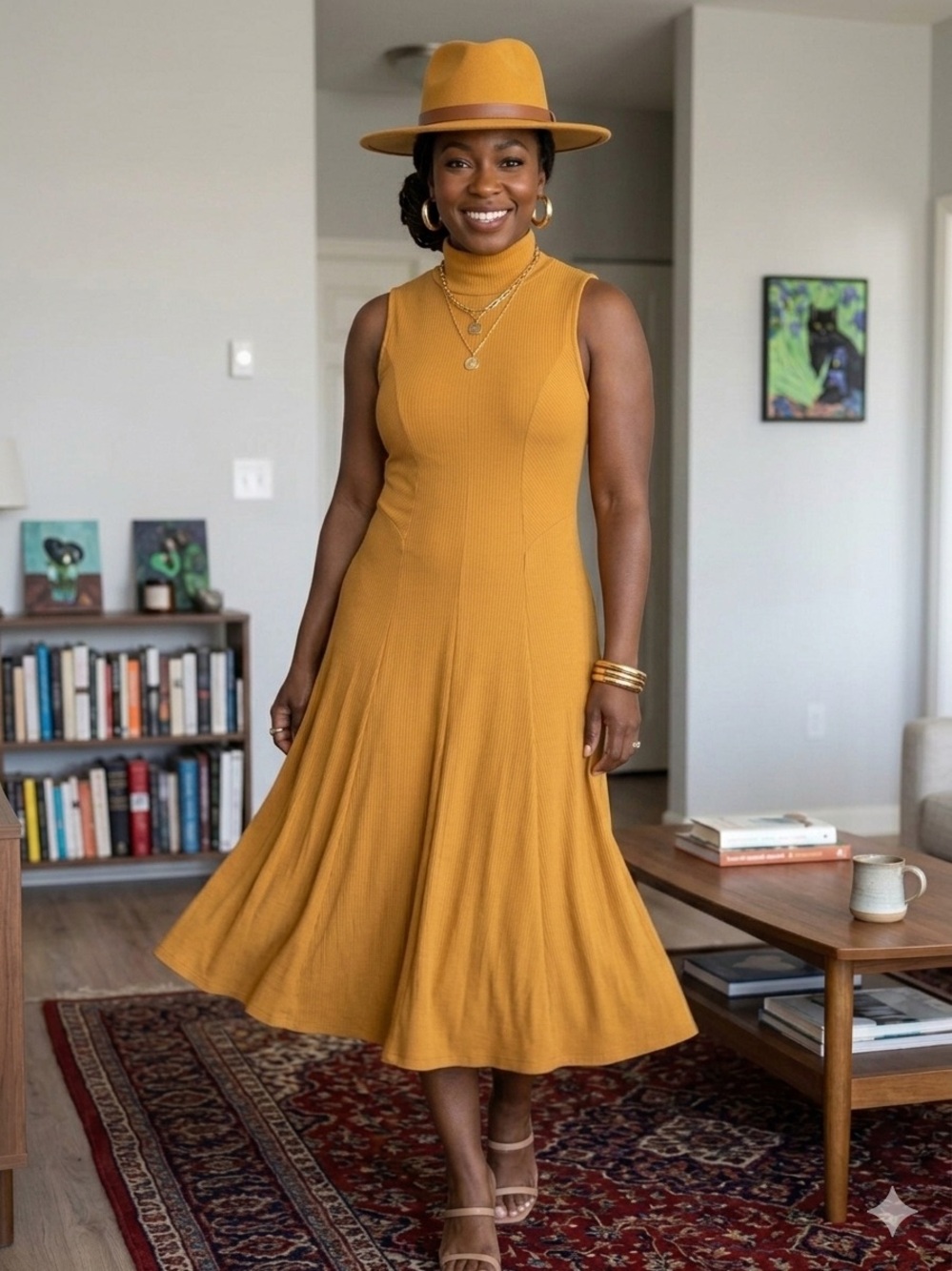 Sugarlips Sleeveless Mustard High-Neck Midi Dress